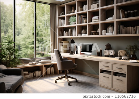 Office with a spacious desk adorned with minimal decor, atmosphere of orderly productivity Office with a spacious desk adorned with minimal decor, atmosphere of orderly productivity 110562736