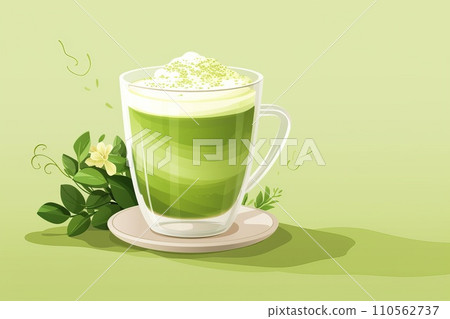 Matcha latte in a glass cup, green background Matcha latte in a glass cup, green background 110562737