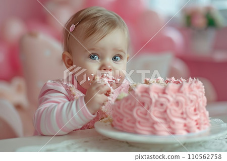 Baby girl birthday. Pink cake, balloons, one year. Cute girl on pink background 110562758