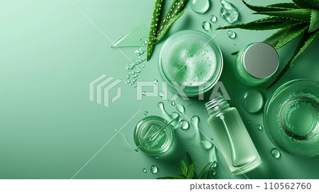 Aloe vera skincare flat lay, bottles and jars on a calming sea green surface with aloe leaves 110562760