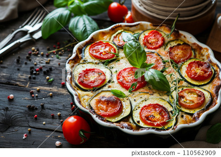 Zucchini and tomatoes gratin with bechamel sauce and cheese. Generative AI 110562909