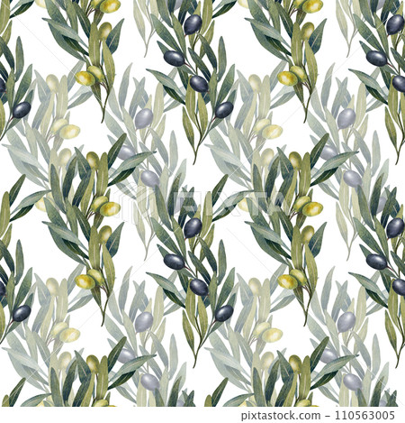 Seamless pattern with hand drawn watercolor olive tree leaves, branch, green and black olives fruit. floral illustration for fabrics, kitchen textiles, wallpapers, print Seamless pattern with hand drawn watercolor olive tree leaves, branch, green and black olives fruit. floral illustration for fabrics, kitchen textiles, wallpapers, print 110563005
