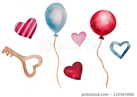 Set of watercolor hearts, red and blue balloon and key. Hand drawn romantic art for lovers cards, wedding design. Cliparts for Valentine's Day decoration, design on the theme of love, passion. 110563006