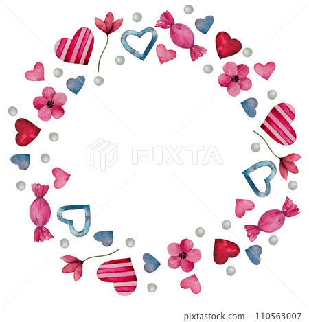Wreath with watercolor hearts, candies and flowers. Hand drawn romantic art, frame for valentine's day, for lovers cards, wedding design. Template with space for text 110563007