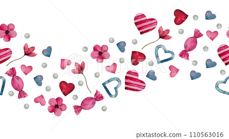 Seamless border with watercolor hearts, candies and flowers. Hand drawn romantic art romantic for valentine's day, for lovers cards, wedding design. Template with space for text for web banners, gift. Seamless border with watercolor hearts, candies and flowers. Hand drawn romantic art romantic for valentine's day, for lovers cards, wedding design. Template with space for text for web banners, gift. 110563016