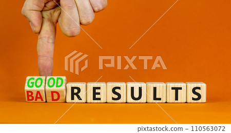 Good or bad results symbol. Concept words Good results Bad results on beautiful wooden blocks. Beautiful orange table orange background. Businessman hand. Business good bad results concept. Copy space Good or bad results symbol. Concept words Good results Bad results on beautiful wooden blocks. Beautiful orange table orange background. Businessman hand. Business good bad results concept. Copy space 110563072