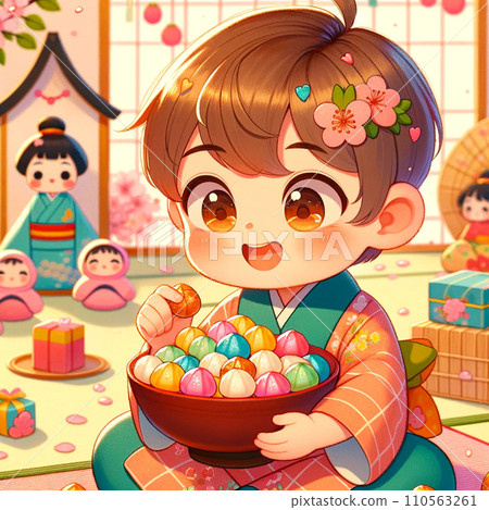 Doll’s Festival: Boy eating Hina Arare 110563261