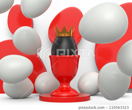 Unique black egg in royal gold crown in ceramic eggcup and scattered white eggs 110563323