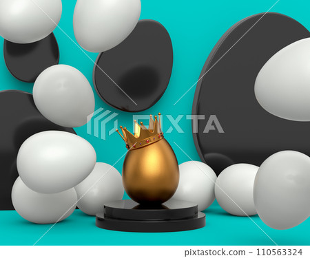 Unique gold egg in royal gold crown on podium and scattered white eggs 110563324