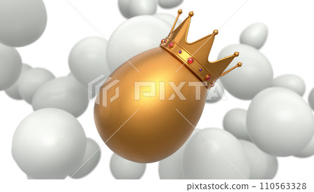 Flying of farm white chicken eggs and unique gold egg in royal king crown 110563328