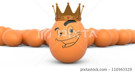 Crowd of farm brown chicken eggs and unique egg with funny face and crown on it 110563329