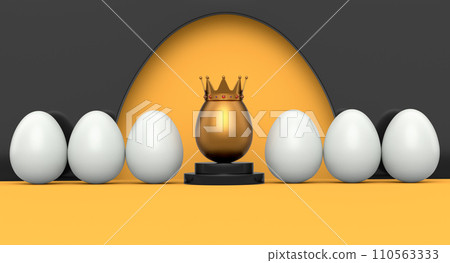 White chicken eggs in row and unique gold egg in royal king crown on podium White chicken eggs in row and unique gold egg in royal king crown on podium 110563333