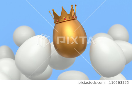 Heap of farm white chicken eggs and unique gold egg in royal king crown Heap of farm white chicken eggs and unique gold egg in royal king crown 110563335