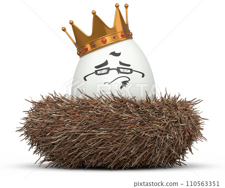 Farm white egg with gold royal king crown and funny face in bird nest 110563351