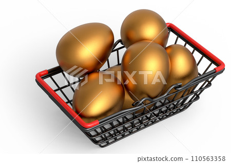 Luxury gold eggs in metal basket or paper cardboard for morning breakfast 110563358
