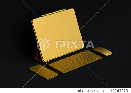 Computer tablet with keyboard, mouse and phone isolated on blue background. Computer tablet with keyboard, mouse and phone isolated on blue background. 110563373