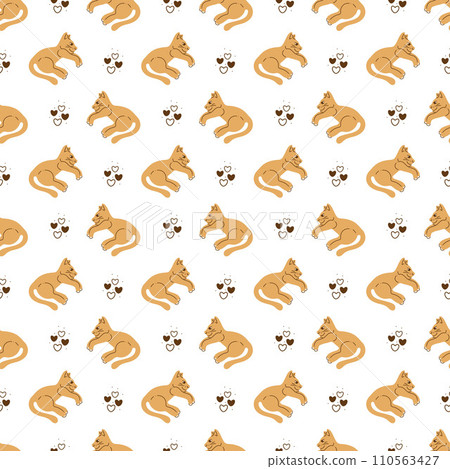 Cat and hearts doodle. Seamless pattern with cute abstract cat and hearts. Great for wrapping paper.  110563427