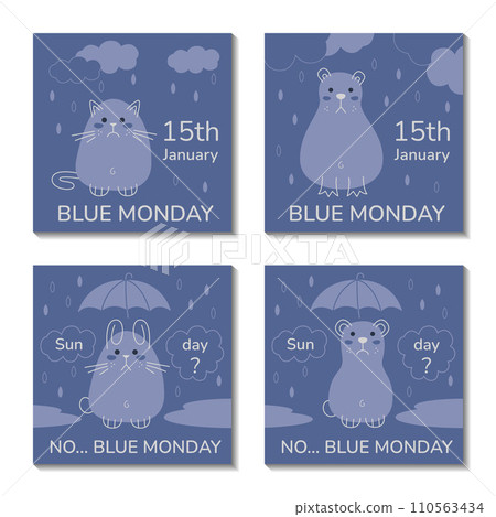 Set with four cute animals character on Blue Monday. Flat color vector illustration. Could be a template for an Instagram post. 110563434