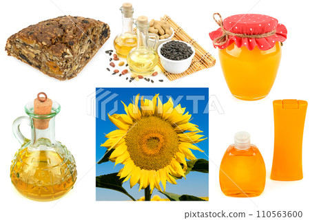 Food and cosmetics containing sunflower seeds and oil. Collage. Food and cosmetics containing sunflower seeds and oil. Collage. 110563600