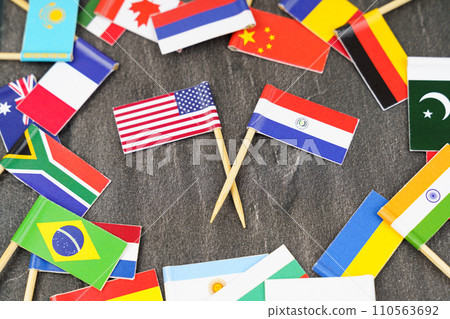 The concept is diplomacy. In the middle among the various flags are two flags - USA, Paraguay 110563692