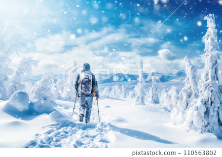 Person hiking on the winter snowy forest with backpack. AI content 110563802