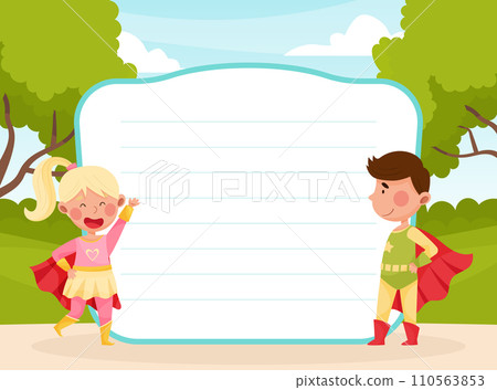 Cute Superhero Kids Wearing Cloak Empty Card Vector Template 110563853