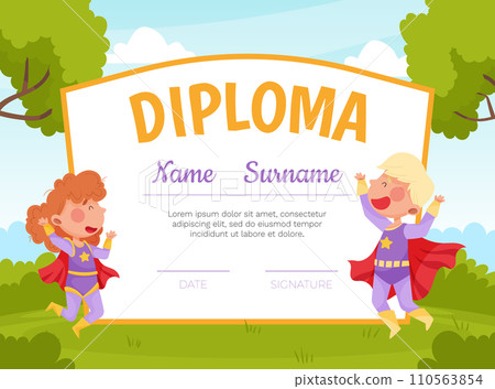 Cute Superhero Kids Wearing Cloak Diploma Vector Template 110563854