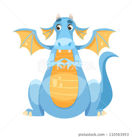 Fairy Blue Dragon as Horned Legendary Creature with Wings Vector Illustration 110563953