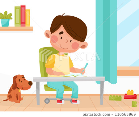 Cute Boy Character Sit at Table Do Homework Vector Illustration Cute Boy Character Sit at Table Do Homework Vector Illustration 110563969