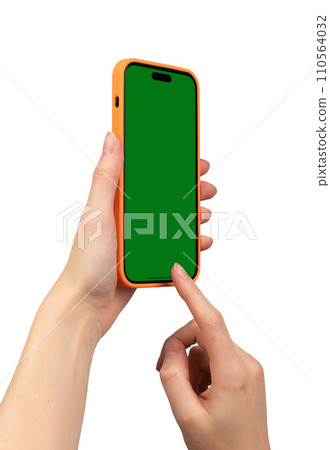 Berlin Germany December 21 2023 Hand hold iphone mockup, finger tapping smartphone isolated on white Berlin Germany December 21 2023 Hand hold iphone mockup, finger tapping smartphone isolated on white 110564032