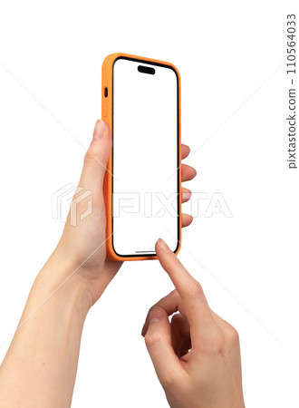 Berlin Germany December 21 2023 Hand hold iphone mockup, finger tapping smartphone isolated on white Berlin Germany December 21 2023 Hand hold iphone mockup, finger tapping smartphone isolated on white 110564033