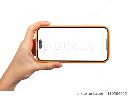 Berlin Germany December 21 2023 Hand hold iphone screen mockup, horizontal phone isolated on white Berlin Germany December 21 2023 Hand hold iphone screen mockup, horizontal phone isolated on white 110564035