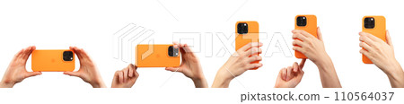 Berlin Germany December 21 2023 Hand hold iphone, using mobile phone camera isolated on white 110564037