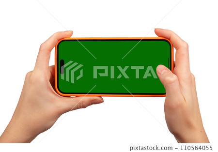 Berlin Germany December 21 2023 Hand using mobile phone, screen mockup, iphone isolated on white 110564055