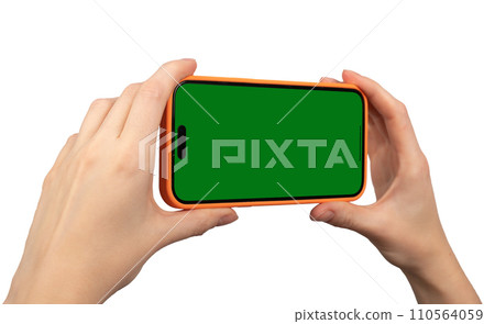 Berlin Germany December 21 2023 Hands hold iphone screen mockup, horizontal phone isolated on white Berlin Germany December 21 2023 Hands hold iphone screen mockup, horizontal phone isolated on white 110564059