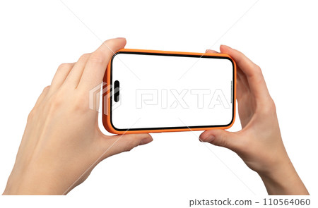 Berlin Germany December 21 2023 Hands hold iphone screen mockup, horizontal phone isolated on white Berlin Germany December 21 2023 Hands hold iphone screen mockup, horizontal phone isolated on white 110564060