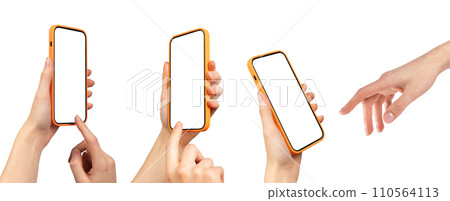 Finger tapping smartphone screen mockup, clicking on mobile phone mock up, angled views set 110564113