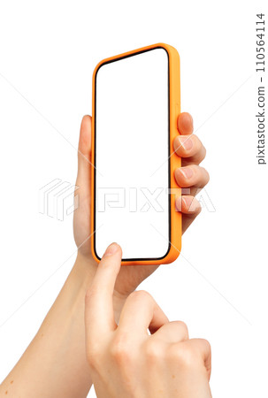 Finger tapping, clicking on mobile phone screen mockup, smartphone mock up, angle, isolated on white 110564114