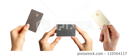 Hand holding bank card mockup, plastic bankcard with chip, isolated on white background set Hand holding bank card mockup, plastic bankcard with chip, isolated on white background set 110564117