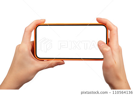 Hand using mobile phone display, smartphone screen mockup, cellphone isolated on white 110564136