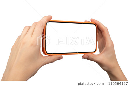 Hands hold screen mockup, horizontal phone isolated on white 110564137