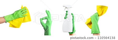 Hands holding cleaning wiper, microfiber cloth, duster, bottle, detergent isolated on white set 110564138