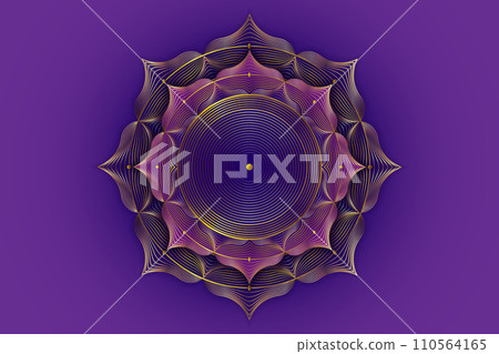 Gold lotus flower, spiritual mandala, Sacred Geometry. Bright golden lotus symbol of harmony and balance, seventh chakra. Mystical talisman, luxury round vector isolated on purple background  110564165