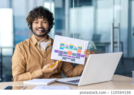 Smiling professional man hosting a virtual meeting, showcasing a colorful Gantt chart, with a headset and laptop in a modern office. Smiling professional man hosting a virtual meeting, showcasing a colorful Gantt chart, with a headset and laptop in a modern office. 110564198