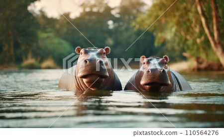 Two young hippos in river      .ai generated 110564276