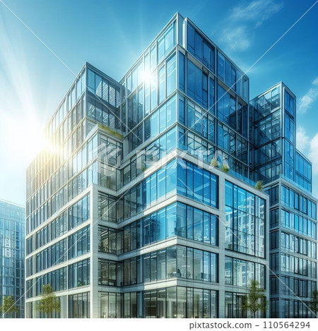 Modern building glass facade on a sunny day with sunbeams in the blue sky 110564294