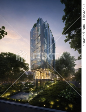 evening view of modern eco-friendly green office building with green plants 110564325