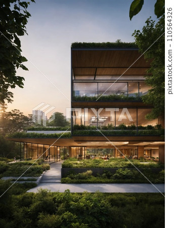 evening view of modern eco-friendly green office building with green plants 110564326