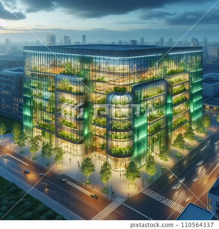 aerial evening view of modern eco-friendly green office building with green plants 110564337