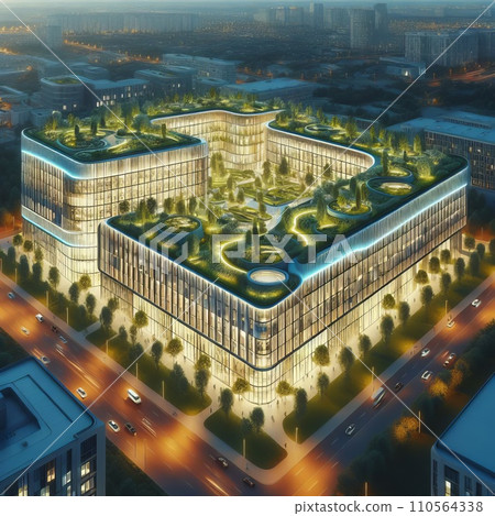 aerial evening view of modern eco-friendly green office building with green plants 110564338